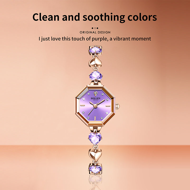 Sollen SL471 Quartz Watch - Women's Rose Gold Purple Chalcedony Jewelry Bracelet Faceted Glass Wristwatch