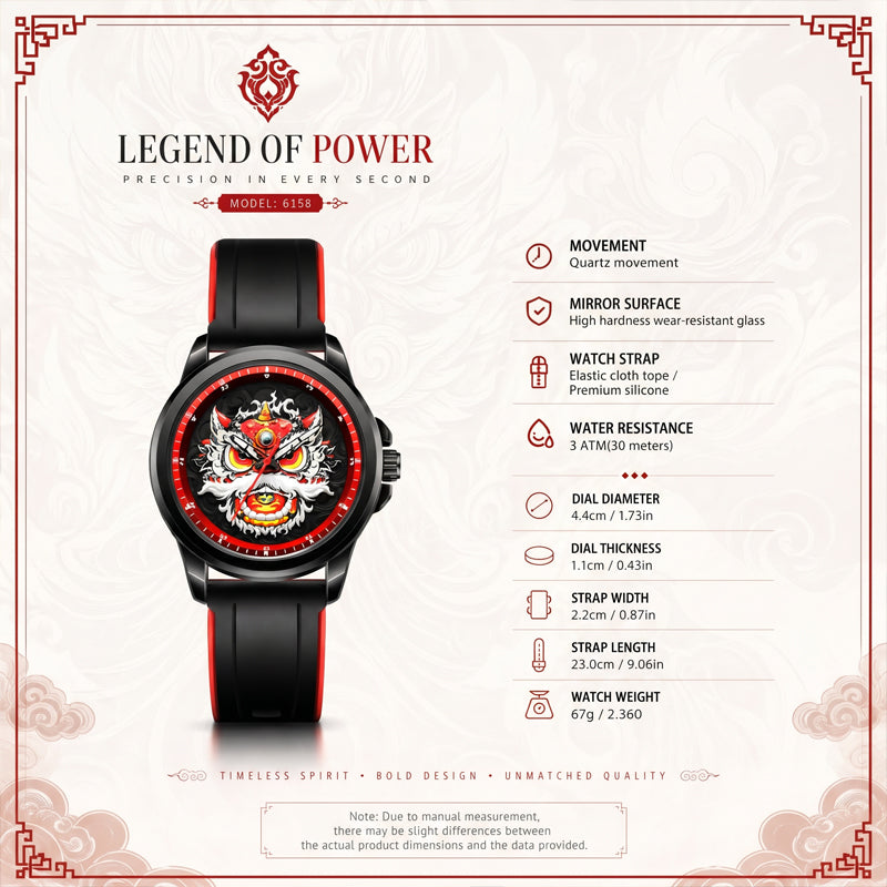 WLS6158 Quartz Watch - Live Edition Men's Streetwear 43mm Black Case Chinese Lion Dance Cultural Dial Luminous Facing Sport Silicone Elastic Woven Strap Wristwatch