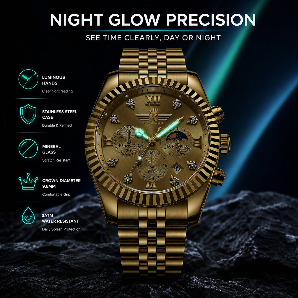 KINGNUOS DDM197 Live Edition Men's Luxury Fluted Bezel Chronograph Quartz Watch - 43mm Gold Case Sun & Moon Phase Multi-Subdial 4:30 Date Jubilee Bracelet Wristwatch