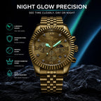 KINGNUOS DDM197 Live Edition Men's Luxury Fluted Bezel Chronograph Quartz Watch - 43mm Gold Case Sun & Moon Phase Multi-Subdial 4:30 Date Jubilee Bracelet Wristwatch