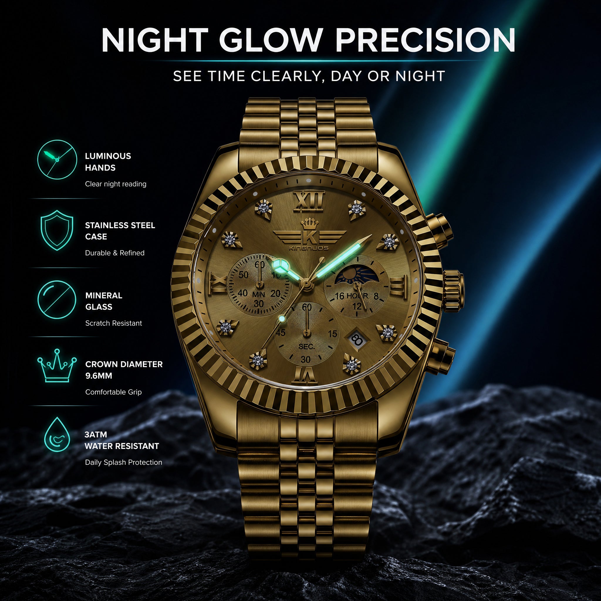 KINGNUOS DDM197 Live Edition Men's Luxury Fluted Bezel Chronograph Quartz Watch - 43mm Gold Case Sun & Moon Phase Multi-Subdial 4:30 Date Jubilee Bracelet Wristwatch