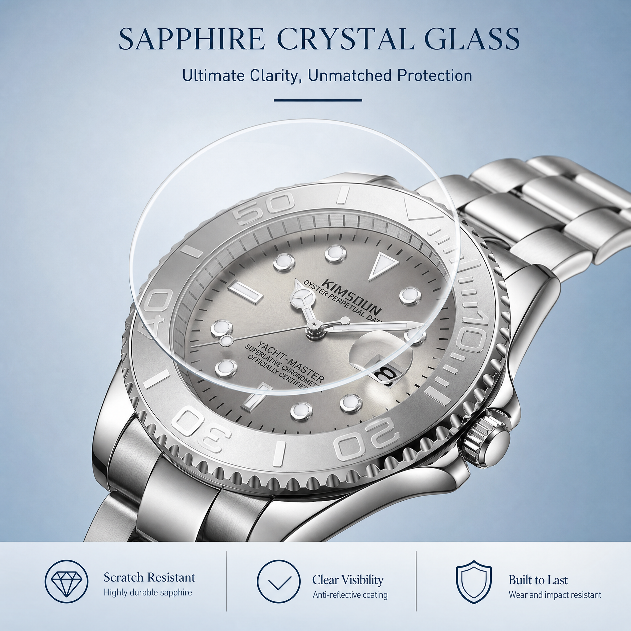 JEMSDUN JSD1818 Live Edition Men's Yacht-Master Style Quartz Watch - 43mm Rotating Relief Bezel Crystal Marker Dial 3H Date Cyclops Lens Metal Wristwatch