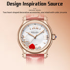 Sollen SL456 Quartz Watch - Women's Genuine Leather Round Wristwatch with Floating Heart Charms