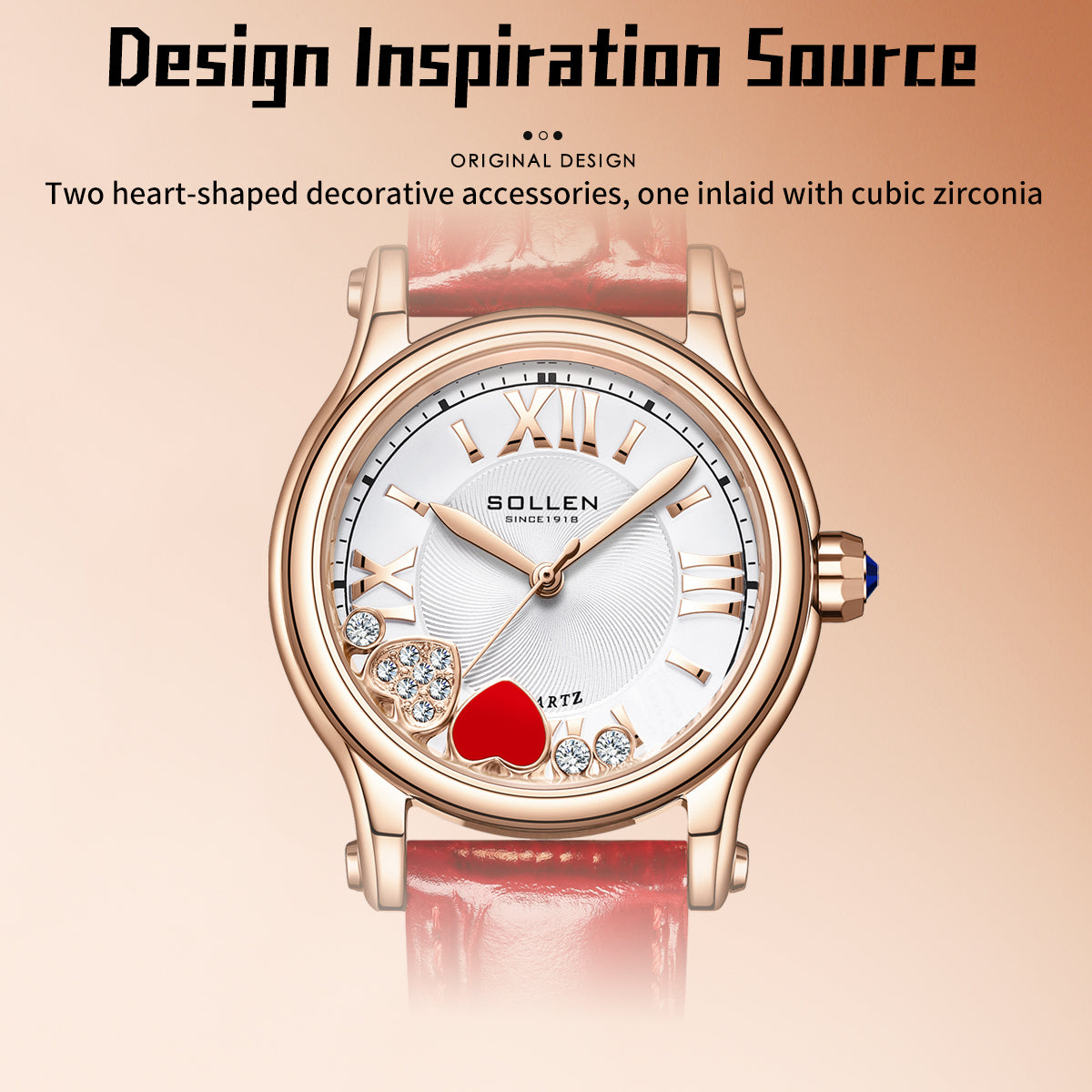 Sollen SL456 Quartz Watch - Women's Genuine Leather Round Wristwatch with Floating Heart Charms
