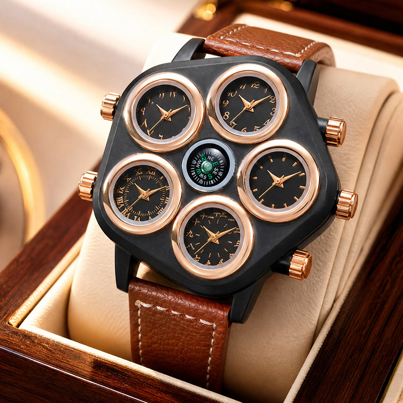 Oulm HP9153 Live Edition Men's Tactical Watch - Cyberpunk Multi Time Zone 5-Movement Armor Case with Centered Compass Sport Leather Strap Wristwatch