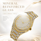 BELBI BELBL-8138 Live Edition Men's Iced Out Watch - Luxury Full Crystals Encrusted Geometric Bezel Pave Gold Dial Metal Band Hiphop Wristwatch