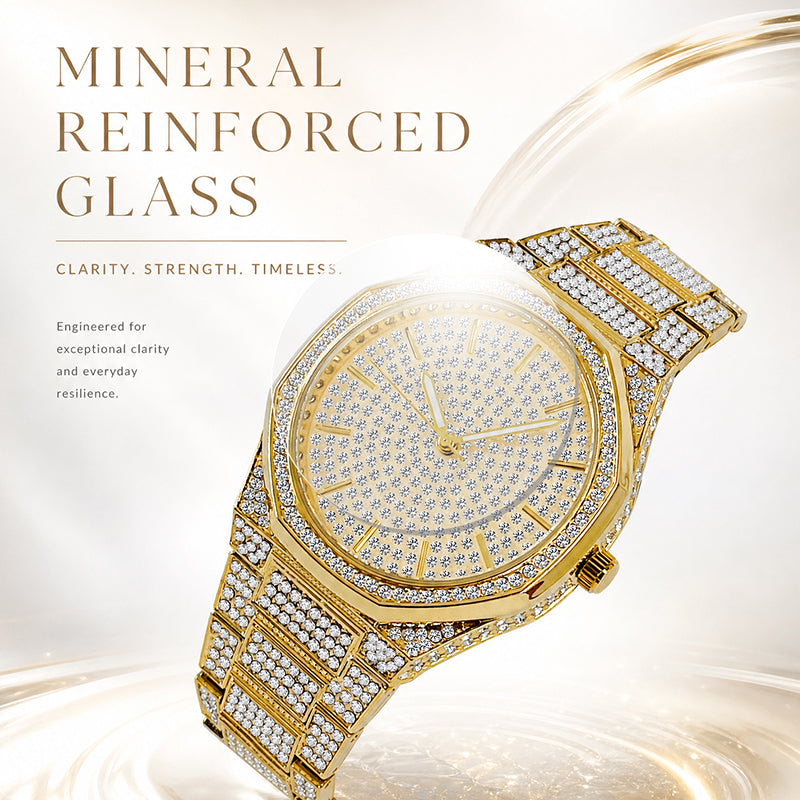 BELBI BELBL-8138 Live Edition Men's Iced Out Watch - Luxury Full Crystals Encrusted Geometric Bezel Pave Gold Dial Metal Band Hiphop Wristwatch