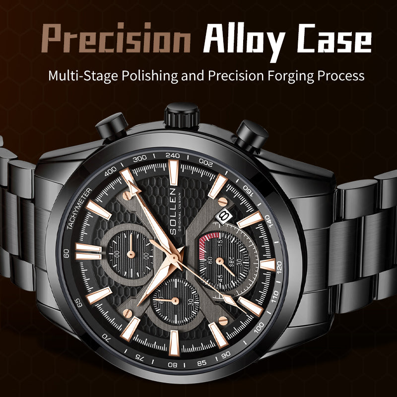 Sollen SL725 Chronograph Watch - Men's All-Black Case Multi-Function Stainless Steel Link Bracelet Wristwatch