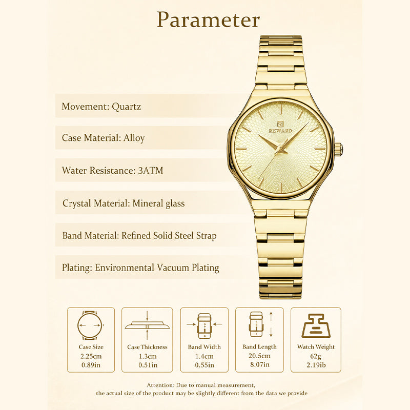 REWARD RD 213032L Quartz Watch - Live Edition Women's Elegant 28mm Full IPG Gold Stainless Steel Band Luminous Hands Sunburst Radial Dial Wristwatch