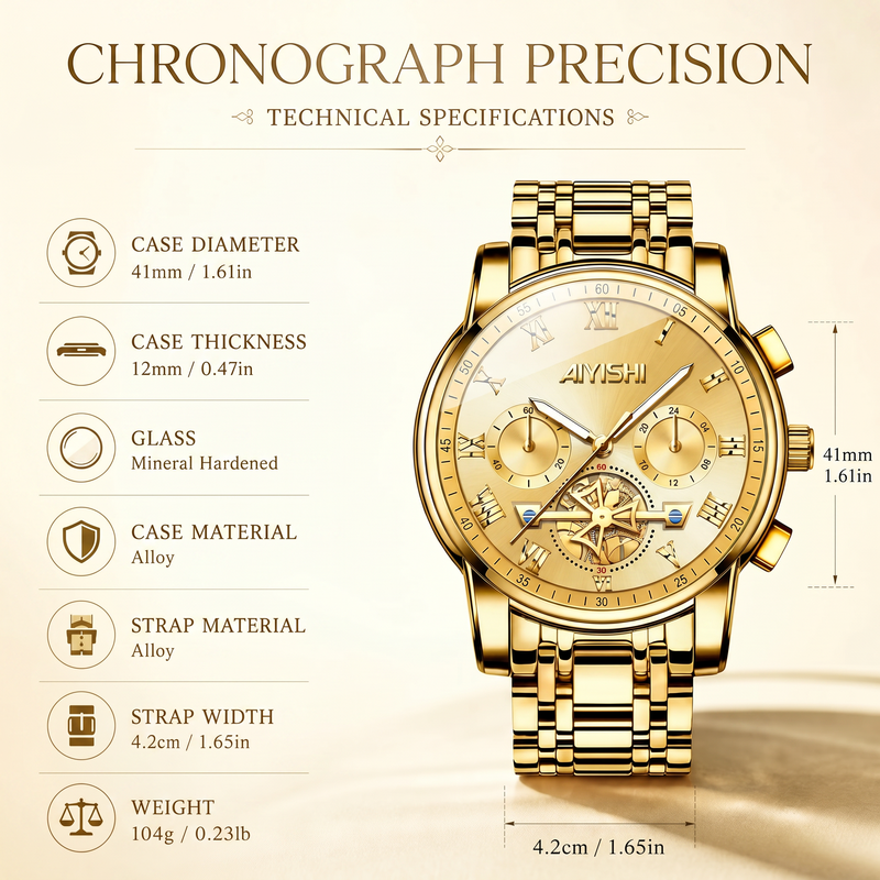 AIYISHI ASY2316 Quartz Watch - Live Edition Men's Luxury 41mm Flywheel Mechanical Style Face Luminous Hands Steel Link Bracelet Wristwatch