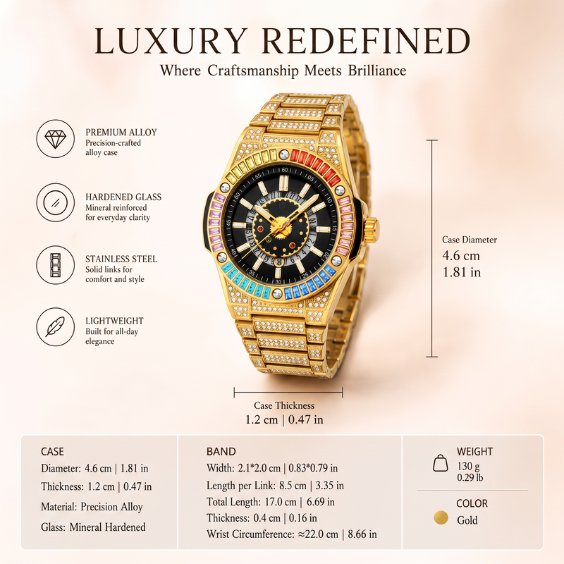 RKS RKS1159 Live Edition Men's Iced Out Watch - Luxury Rainbow Baguette Crystal Bezel Pave Dial Luminous Hands 6H Date Metal Band Hiphop Wristwatch