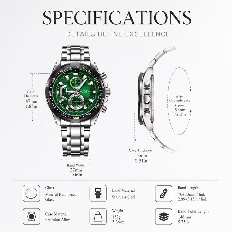 LONGBO LA80135G Live Edition Men's Sport Quartz Watch - 47mm Case Sporty Multi-Subdial Design Stainless Steel Bracelet Wristwatch