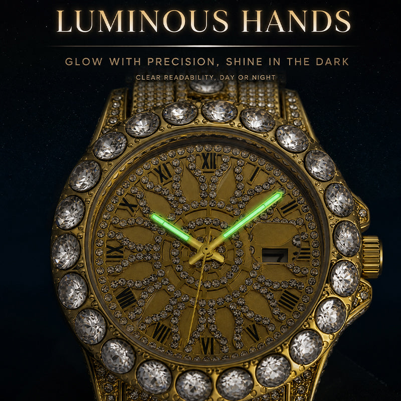 MISSFOX V380L Live Edition Men's Iced Out Watch - Luxury Large Crystal Bezel Pave Roman Numerals Dial Date Window Metal Band Hiphop Wristwatch