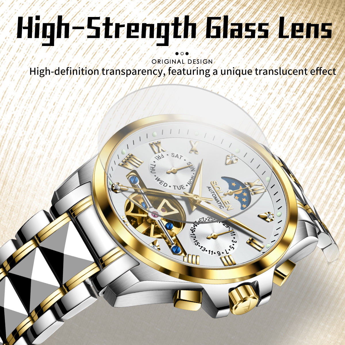 Sollen SL809 Multi-Function Watch - Men's Moonphase Sunray Dial Luminous Markers 3-Bead Stainless Steel Bracelet Wristwatch