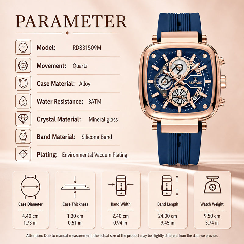 REWARD RD 831509M Quartz Watch - Live Edition Men's Luxury Cushion Case Full Chronograph Luminous Hands Date Window Sport Silicone Strap Wristwatch