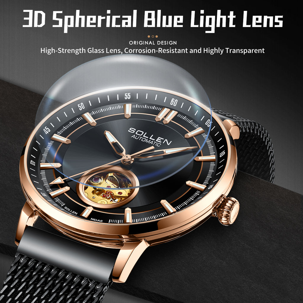 Sollen SL360 Men's Open Heart Automatic Mechanical Watch - 42mm Stainless Steel Case Slim 9.9mm Miyota Movement Luminous Markers Mesh Bracelet Wristwatch