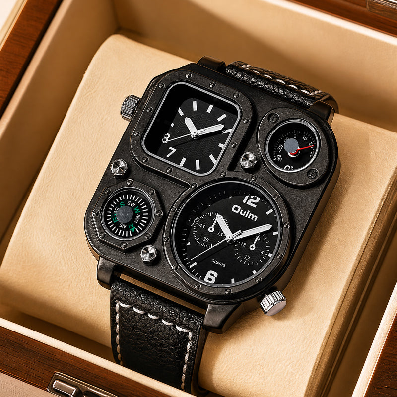 Oulm HP1169 Quartz Watch - Live Edition Men's Heavy Steampunk Dual Time Zone Industrial Black Case Luminous Hands Compass Leather Strap Tactical Wristwatch