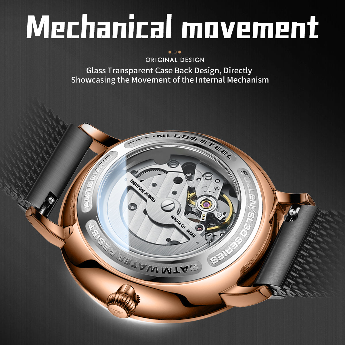 Sollen SL356 Men's Real Diamond Open Heart Automatic Watch - 42mm Stainless Steel Case Slim 9.9mm Sapphire Crystal Miyota Movement Bracelet Wristwatch