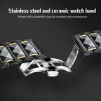 Sollen SL207 Men's Slim Quartz Watch - 39mm Faceted Ceramic & Stainless Steel Case Open Skeleton Dial Bracelet Wristwatch