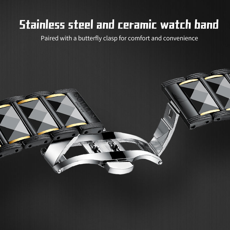 Sollen SL207 Men's Slim Quartz Watch - 39mm Faceted Ceramic & Stainless Steel Case Open Skeleton Dial Bracelet Wristwatch