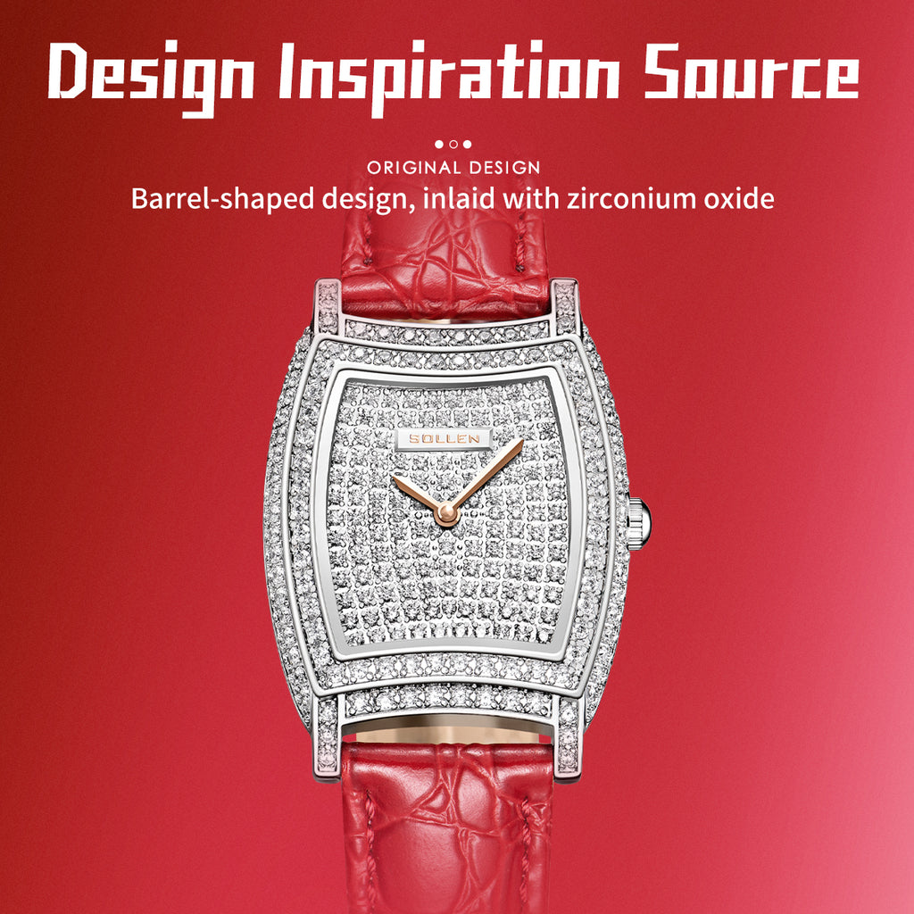 Sollen SL430 Women's Tonneau Quartz Watch - 28x32mm Full Pave Crystal Dial Iced Out Leather Strap Wristwatch