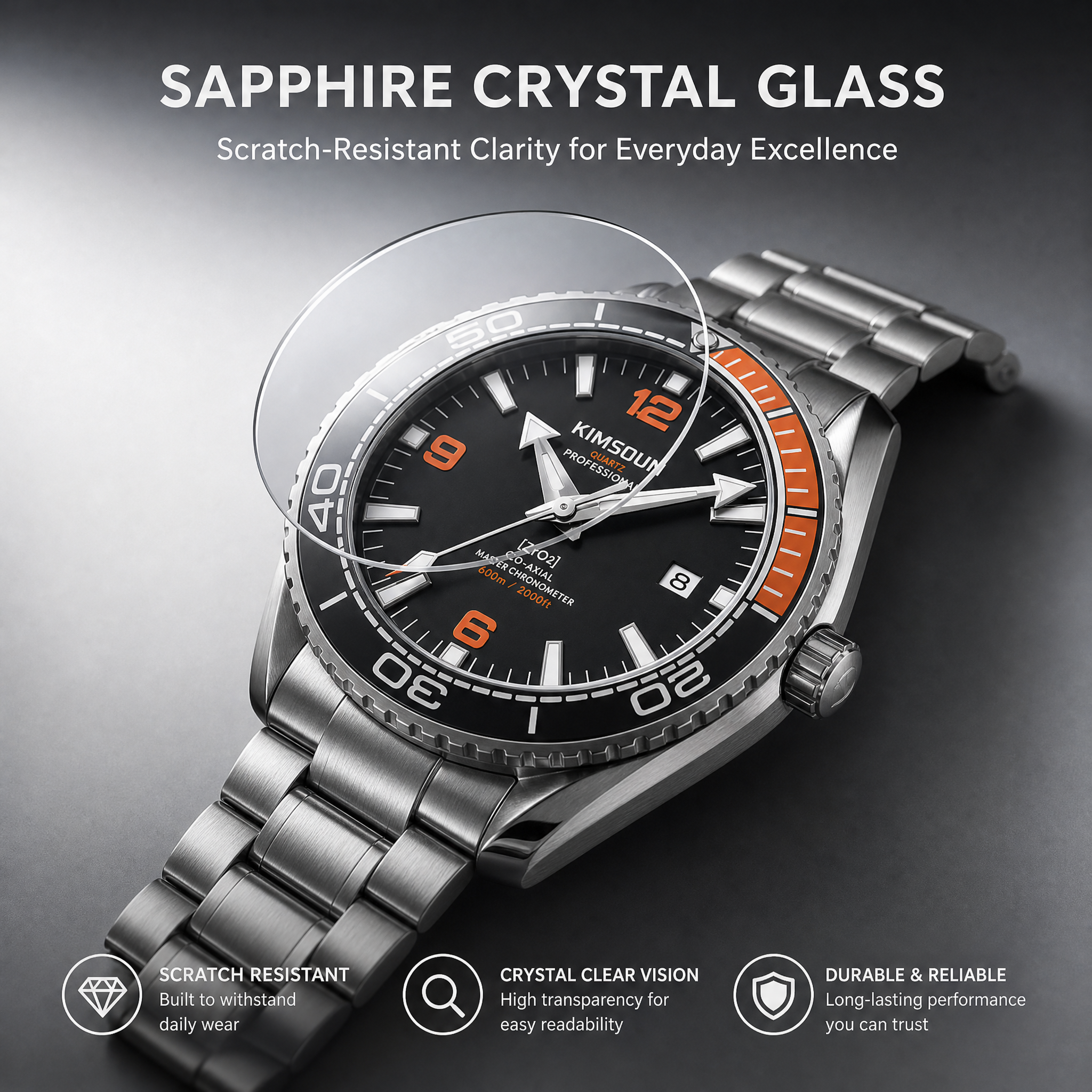 JEMSDUN JSD1803 Live Edition Men's Planet Ocean Style Diver Quartz Watch - 44mm Silver Case Orange & Black Bezel Luminous Dial 3H Date Metal Band Wristwatch