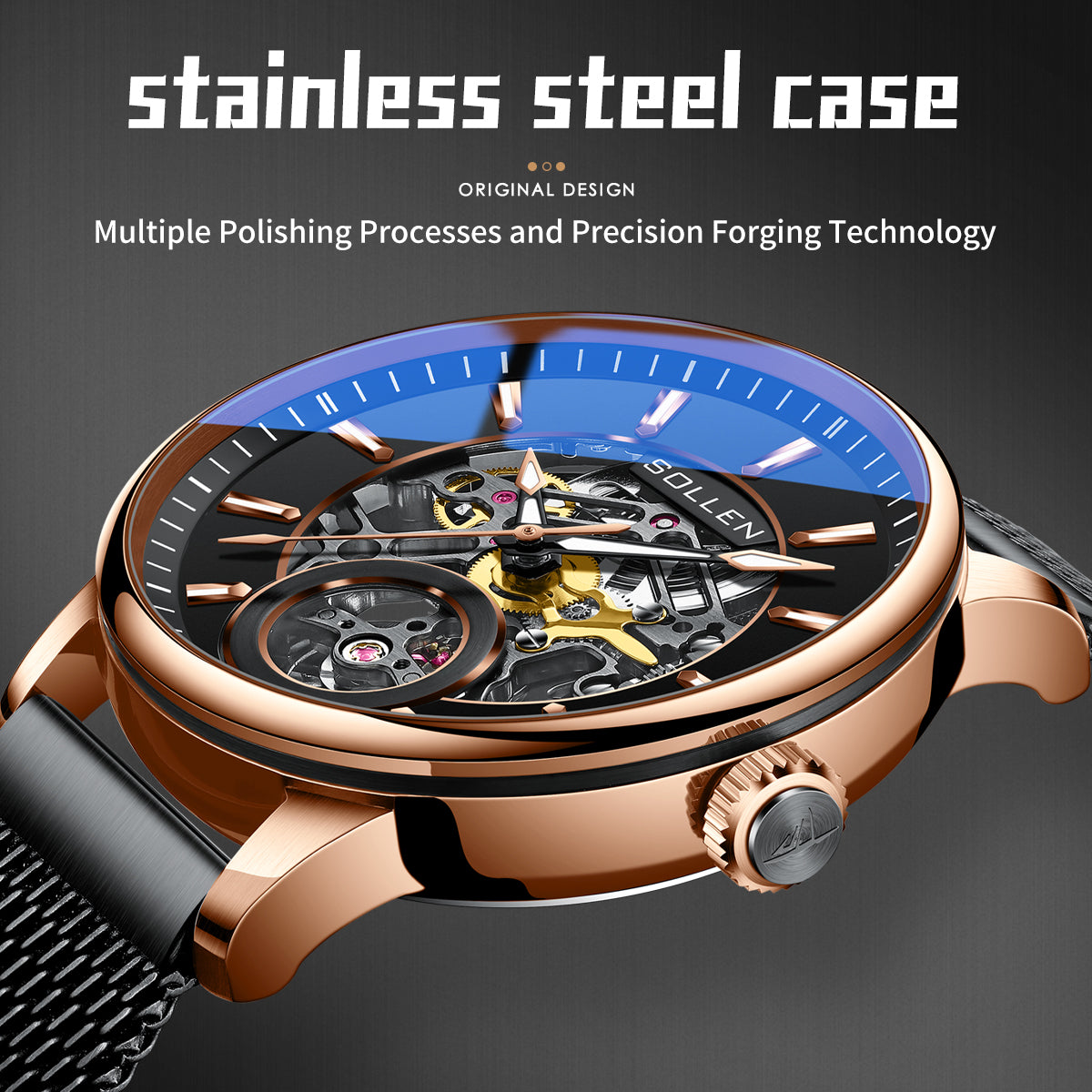 Sollen SL208 Men's Full Skeleton Automatic Mechanical Watch - 42mm Stainless Steel Case Frosted Open Dial Luminous Hands Wristwatch