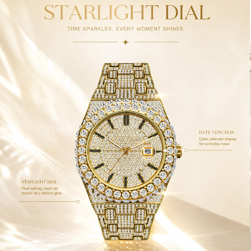 PRECIOUS 8243 Live Edition Men's Iced Out Watch - Luxury Large Crystal Bezel Pave Dial Date Window Metal Band Hiphop Sport Wristwatch