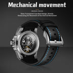 Sollen SL328 Men's Skeleton Automatic Mechanical Watch - 43mm 316L Stainless Steel Case Sapphire Crystal Multi-Layer Dial Leather-Pattern Silicone Strap Wristwatch