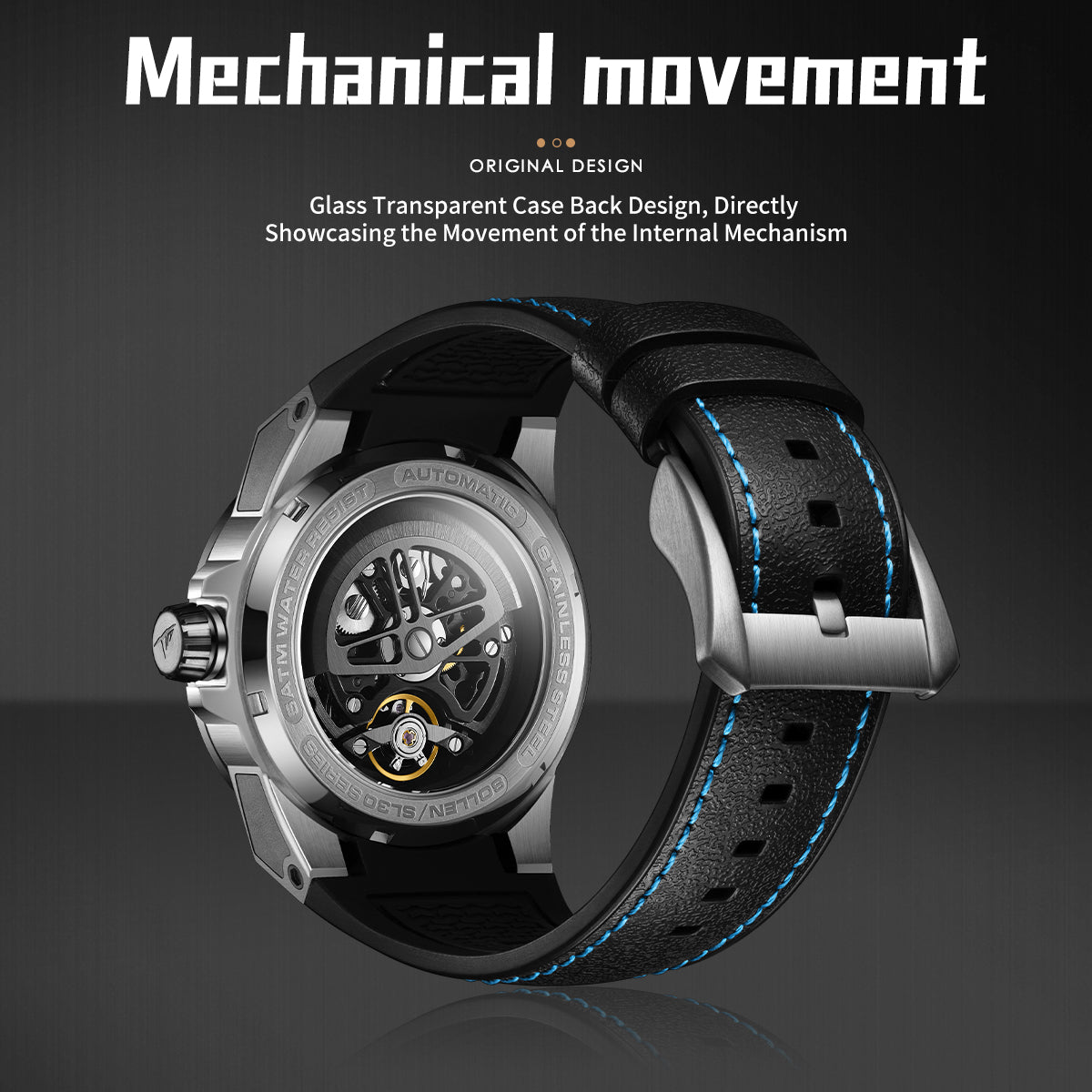 Sollen SL328 Men's Skeleton Automatic Mechanical Watch - 43mm 316L Stainless Steel Case Sapphire Crystal Multi-Layer Dial Leather-Pattern Silicone Strap Wristwatch