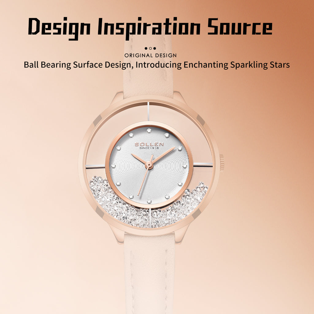 Sollen SL423 Women's Quartz Watch - 33.5mm Vinyl Record Texture Dial 12 Zirconia Markers Genuine Leather Strap Wristwatch