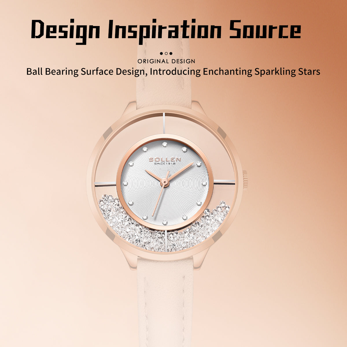 Sollen SL423 Women's Quartz Watch - 33.5mm Vinyl Record Texture Dial 12 Zirconia Markers Genuine Leather Strap Wristwatch