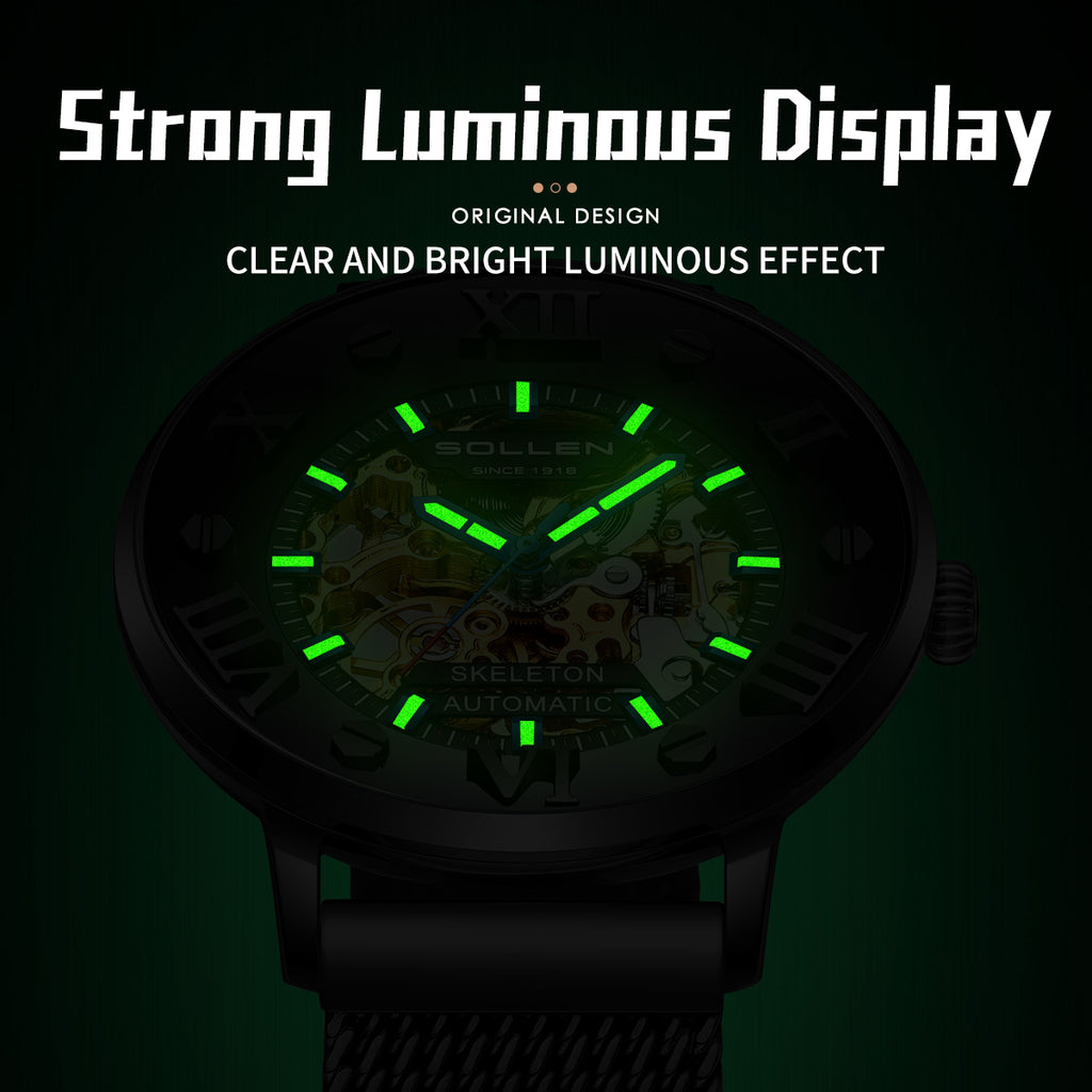 Sollen SL307 Men's Full Skeleton Automatic Mechanical Watch - 42mm Stainless Steel Case Slim 9.9mm Roman Numeral Bezel Mesh Bracelet Wristwatch