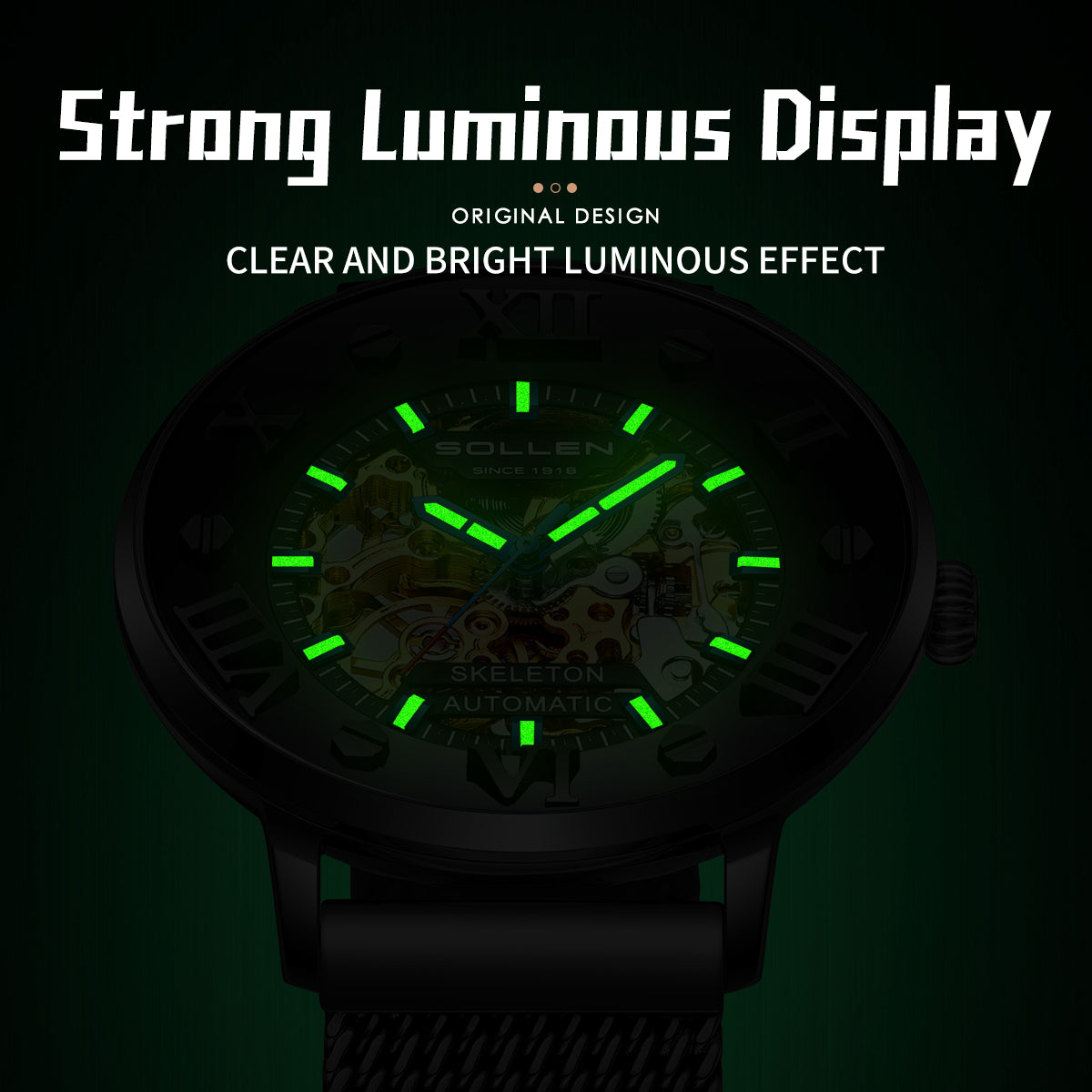 Sollen SL307 Men's Full Skeleton Automatic Mechanical Watch - 42mm Stainless Steel Case Slim 9.9mm Roman Numeral Bezel Mesh Bracelet Wristwatch
