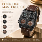 Oulm HP1140 Quartz Watch - Live Edition Men's Heavy Steampunk Dual Time Zone Industrial Black Case Luminous Hands Compass Wide Leather Strap Tactical Wristwatch