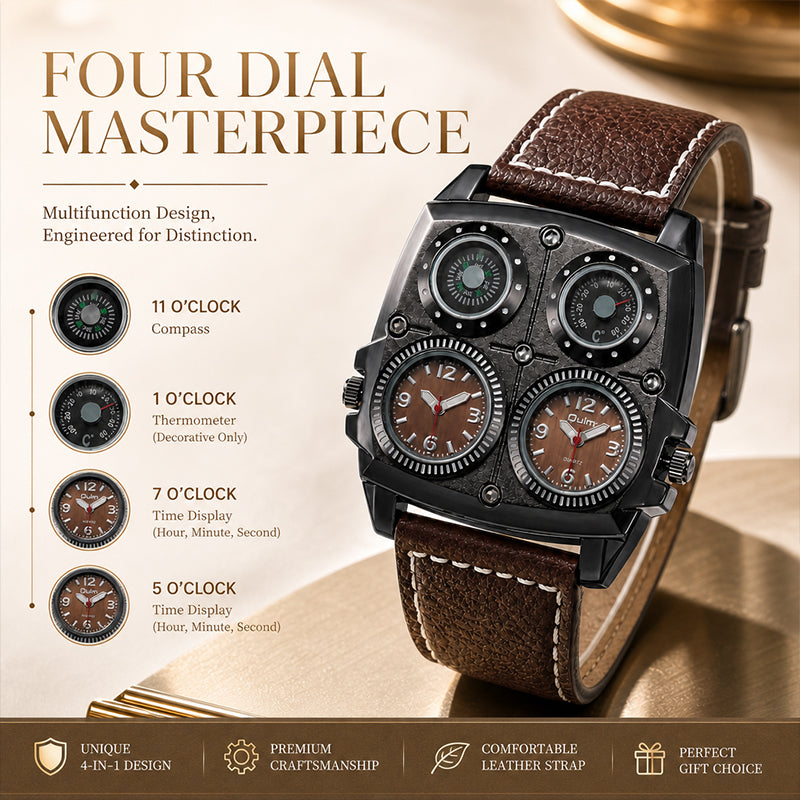 Oulm HP1140 Quartz Watch - Live Edition Men's Heavy Steampunk Dual Time Zone Industrial Black Case Luminous Hands Compass Wide Leather Strap Tactical Wristwatch