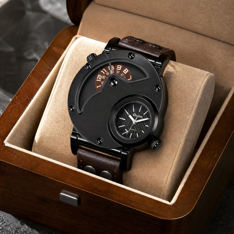 Oulm HP9591 Quartz Watch - Live Edition Men's Heavy Steampunk Dual Time Zone Industrial Black Case Luminous Hands Wide Leather Strap Tactical Wristwatch