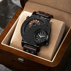 Oulm HP9591 Quartz Watch - Live Edition Men's Heavy Steampunk Dual Time Zone Industrial Black Case Luminous Hands Wide Leather Strap Tactical Wristwatch