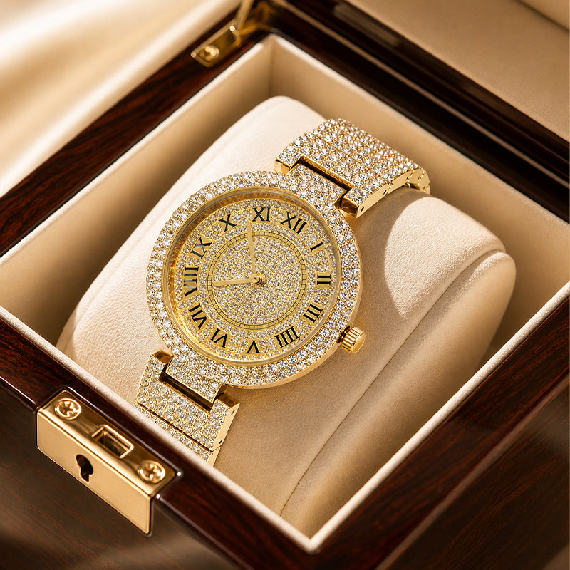 MISSFOX V377L Live Edition Men's Fully Iced Out Quartz Watch - 44mm Case Roman Numerals Pave Diamond Dial Coated Glass Metal Band Wristwatch