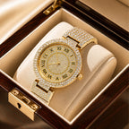 MISSFOX V377L Live Edition Men's Fully Iced Out Quartz Watch - 44mm Case Roman Numerals Pave Diamond Dial Coated Glass Metal Band Wristwatch