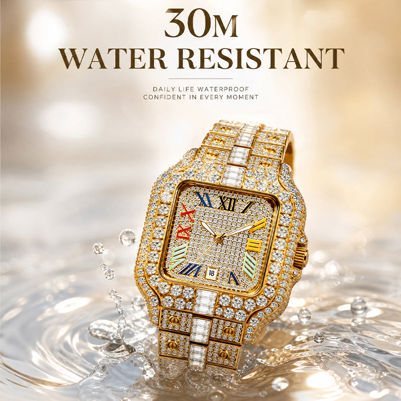 BELBI BELBL-8238 Live Edition Men's Iced Out Watch - Luxury Large Crystal Bezel Pave Dial Rainbow Roman Numerals 6H Date Metal Band Hiphop Wristwatch