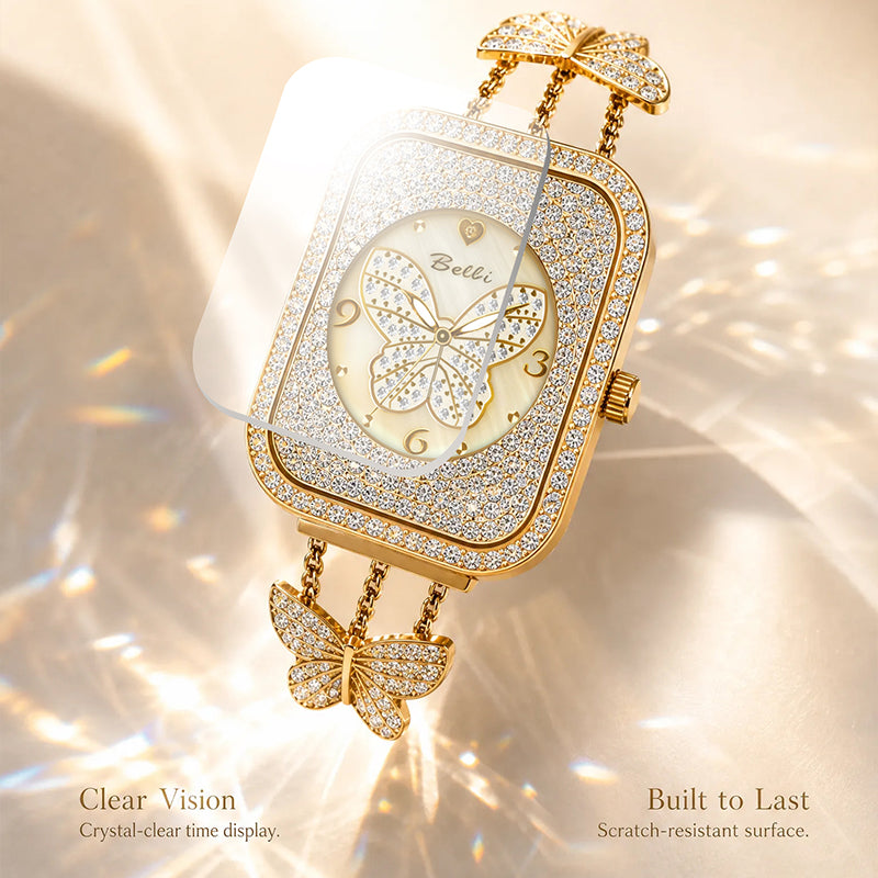 BELBI BL8214 Quartz Watch - Live Edition Luxury Full IPG Gold Crystal Pavé Butterfly Motif Mother-of-Pearl Dial Jewelry Bangle Bracelet Wristwatch