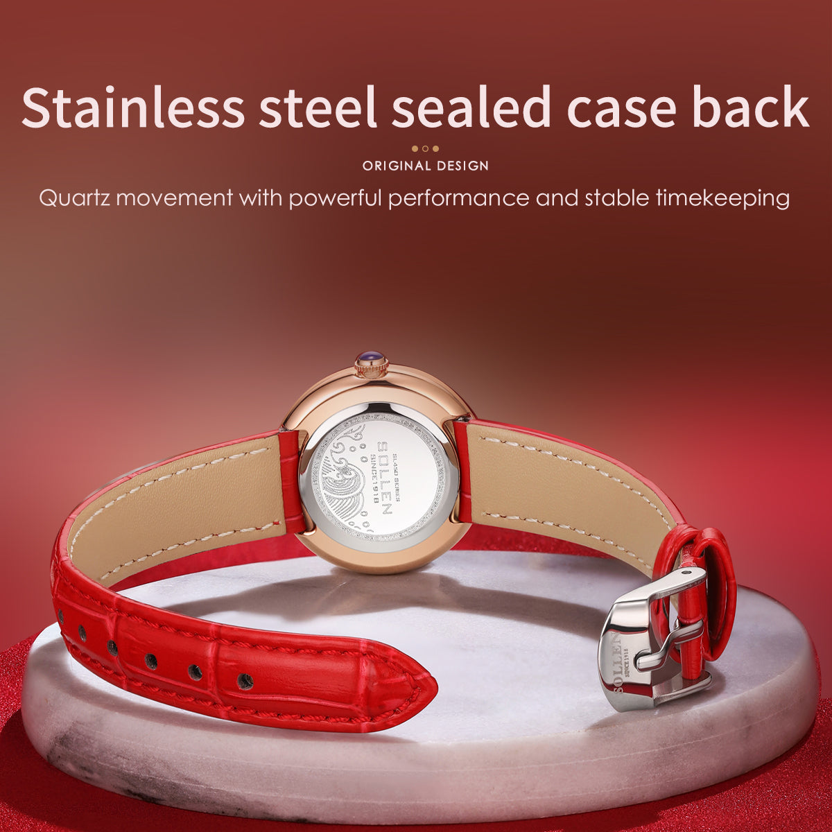 Sollen SL450 Women's Quartz Watch - 33.5mm Crystal Bezel Enamel Roman Dial Genuine Leather Strap Wristwatch