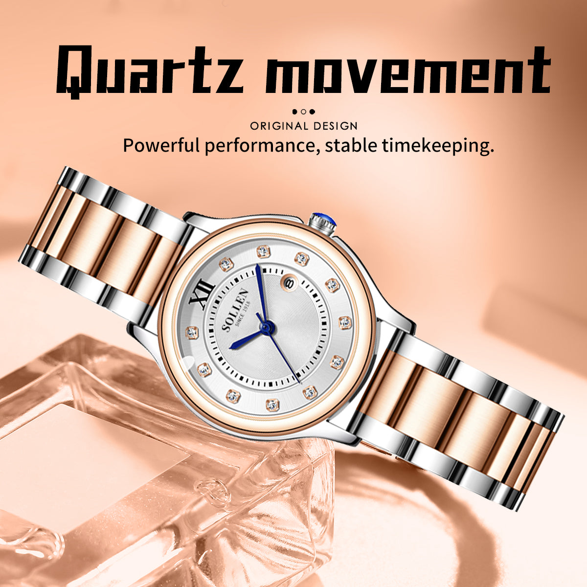 Sollen SL469 Women's Quartz Watch - 33mm Dial 11 Zirconia Markers Blue Sword Hands Two-Tone Stainless Steel Bracelet Wristwatch