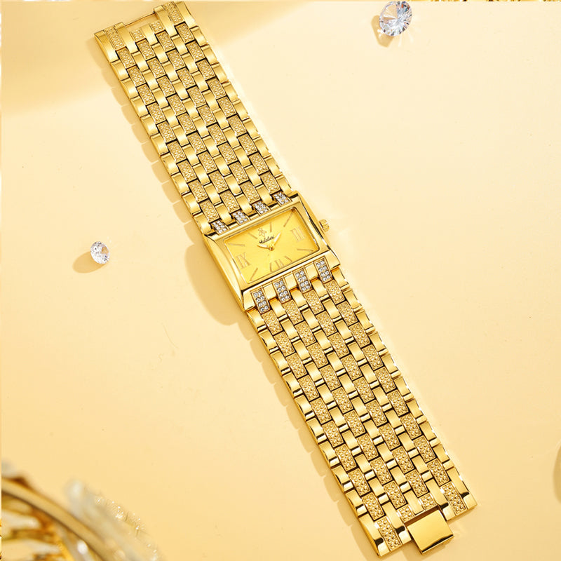 LX1044 Quartz Watch - Live Edition Luxury Horizontal Rectangular Gold Case Dual-Row Crystal Accent Bezel 31mm Wide Link Bracelet Wristwatch