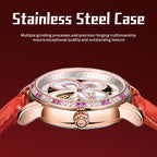 Sollen SL405 Women's Four-Leaf Clover Skeleton Automatic Watch - 35mm Crystal Bezel Mother of Pearl Dial Leather Strap Wristwatch