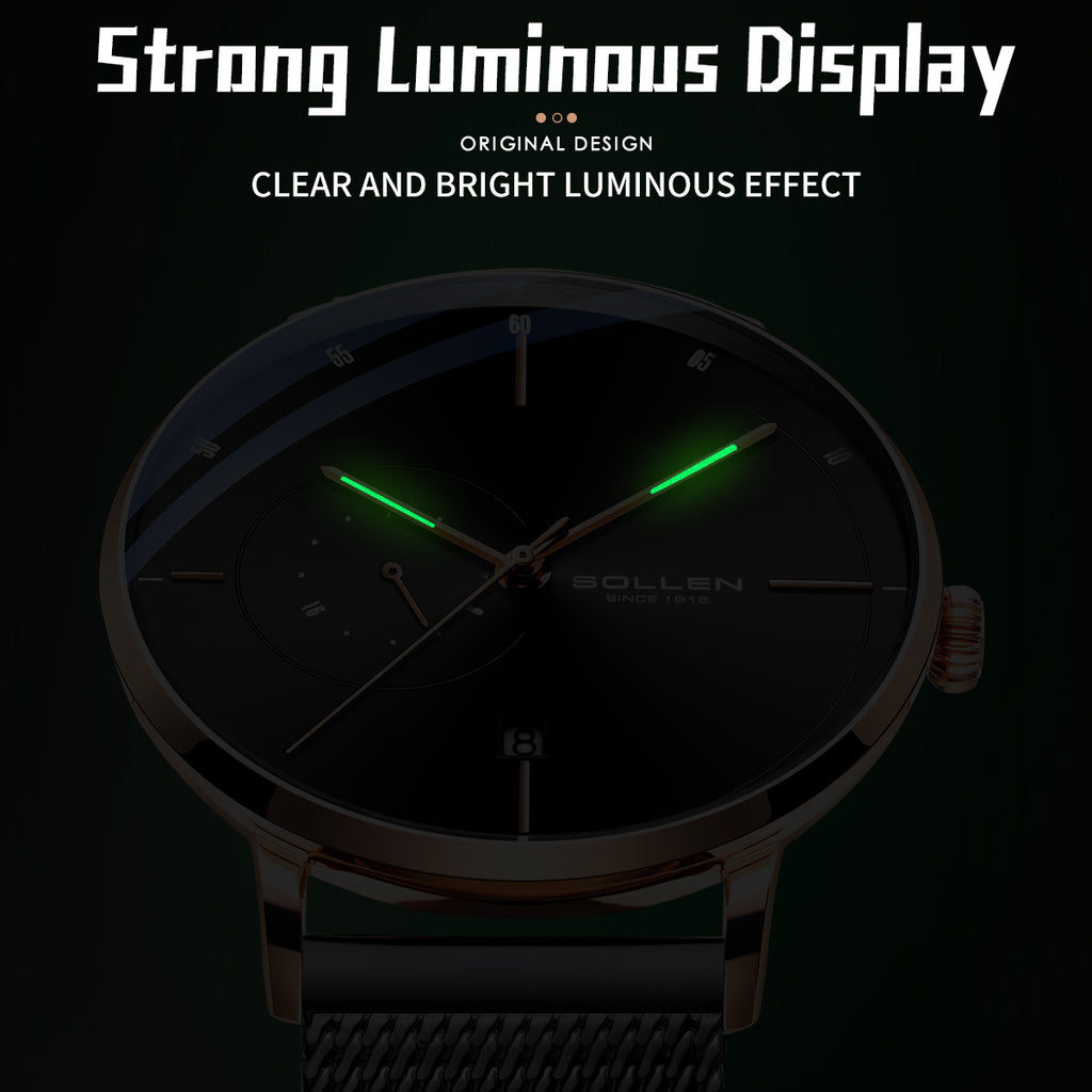 Sollen SL305 Men's Minimalist Automatic Mechanical Watch - 42mm Stainless Steel Case Slim 9.9mm 24H Subdial Date Window Wristwatch