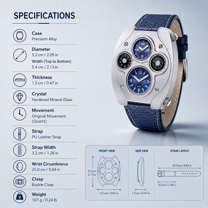 Oulm HP9155 Live Edition Men's Tactical Watch - Cyberpunk Multi Time Zone Dual Movement Shield Armor Case with Built-in Compass & Thermometer Sport Wristwatch