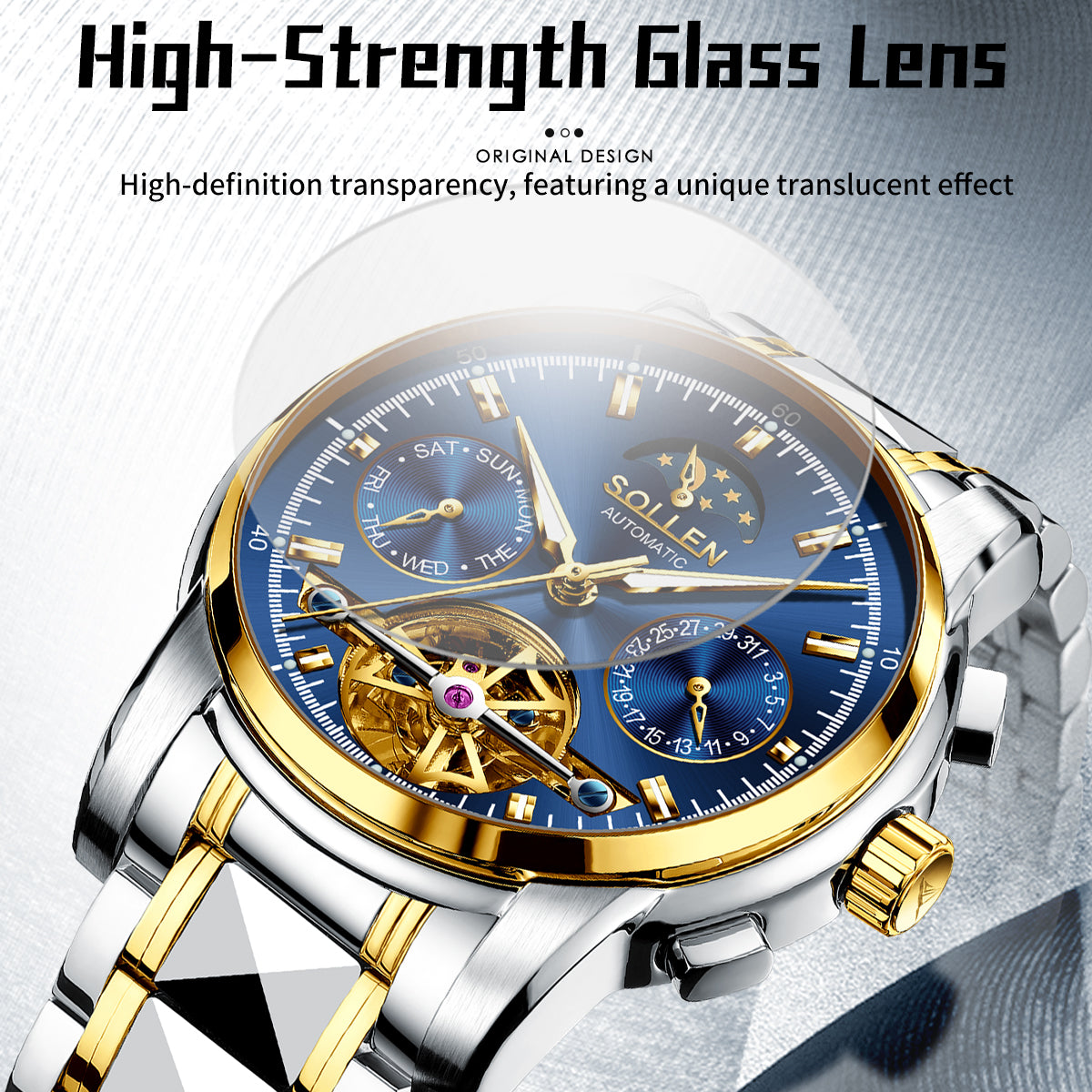 Sollen SL806 Multi-Function Watch - Men's Open-Heart Moonphase Sunburst Dial 7-Bead Tungsten-Steel Bracelet Wristwatch