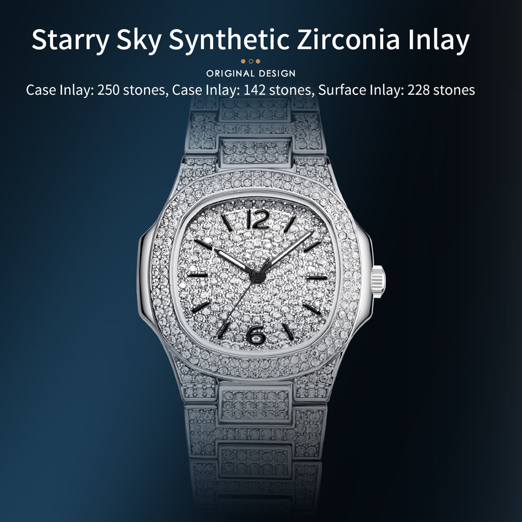 Sollen SL437 Women's Quartz Watch - 33x30mm Full Pave Crystal Dial Fully Iced Out Stainless Steel Bracelet Wristwatch